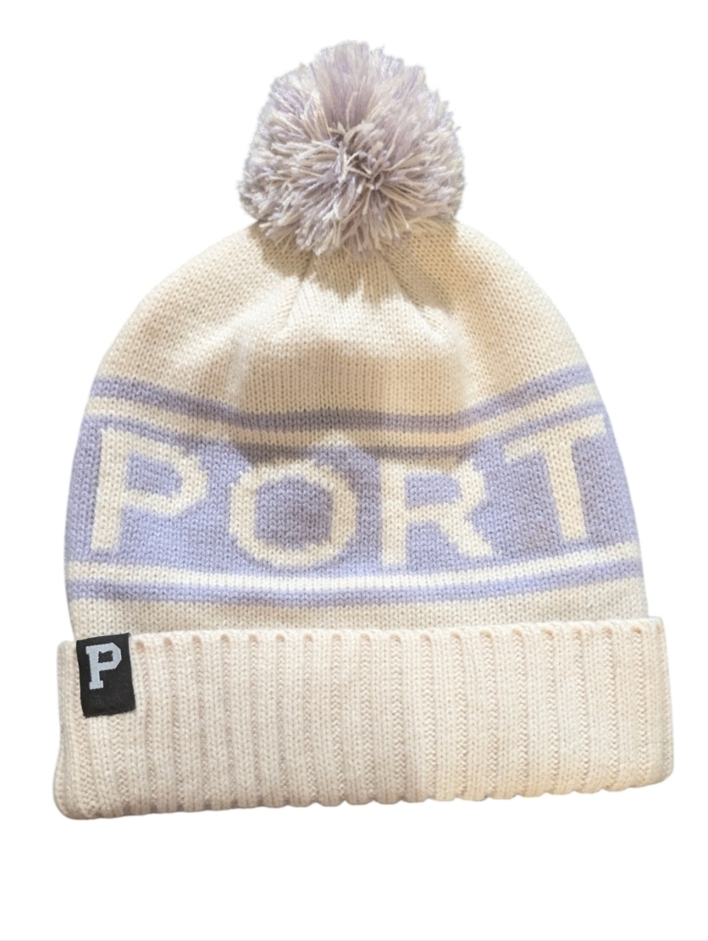💜 Portland Gear Letter Block Knit Pom-Pom Beanie Cream & Lavender One Size ❄️